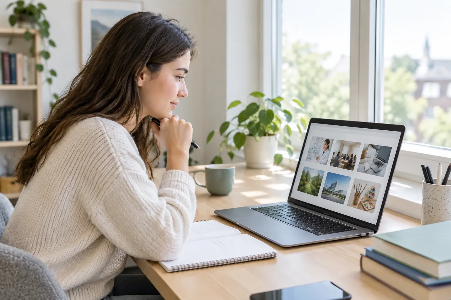 Jonge vrouw zoekt opleidingen op laptop aan lichte studietafel bij het raam