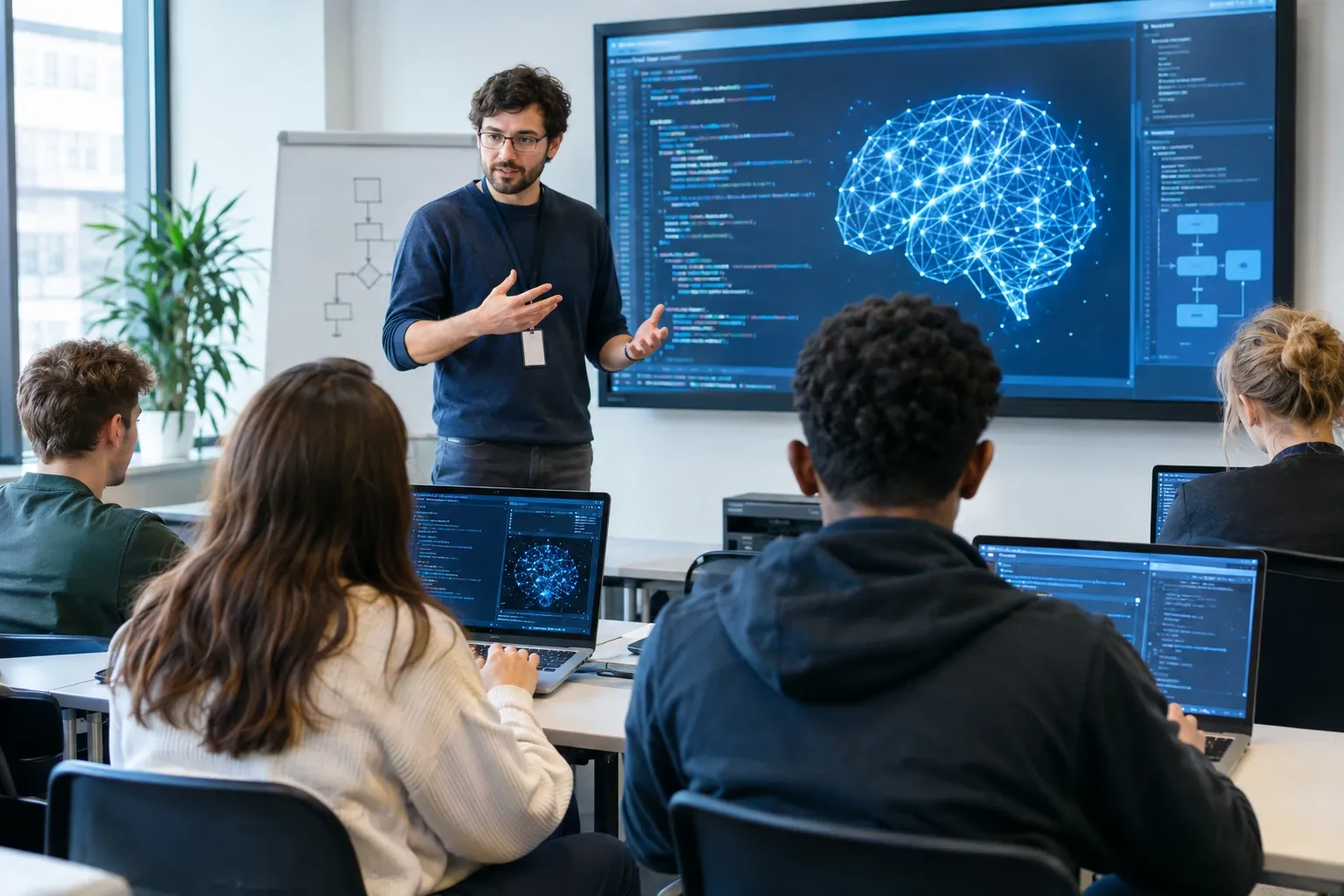 Docent geeft les aan studenten met laptops, scherm toont neurale netwerkvisualisatie