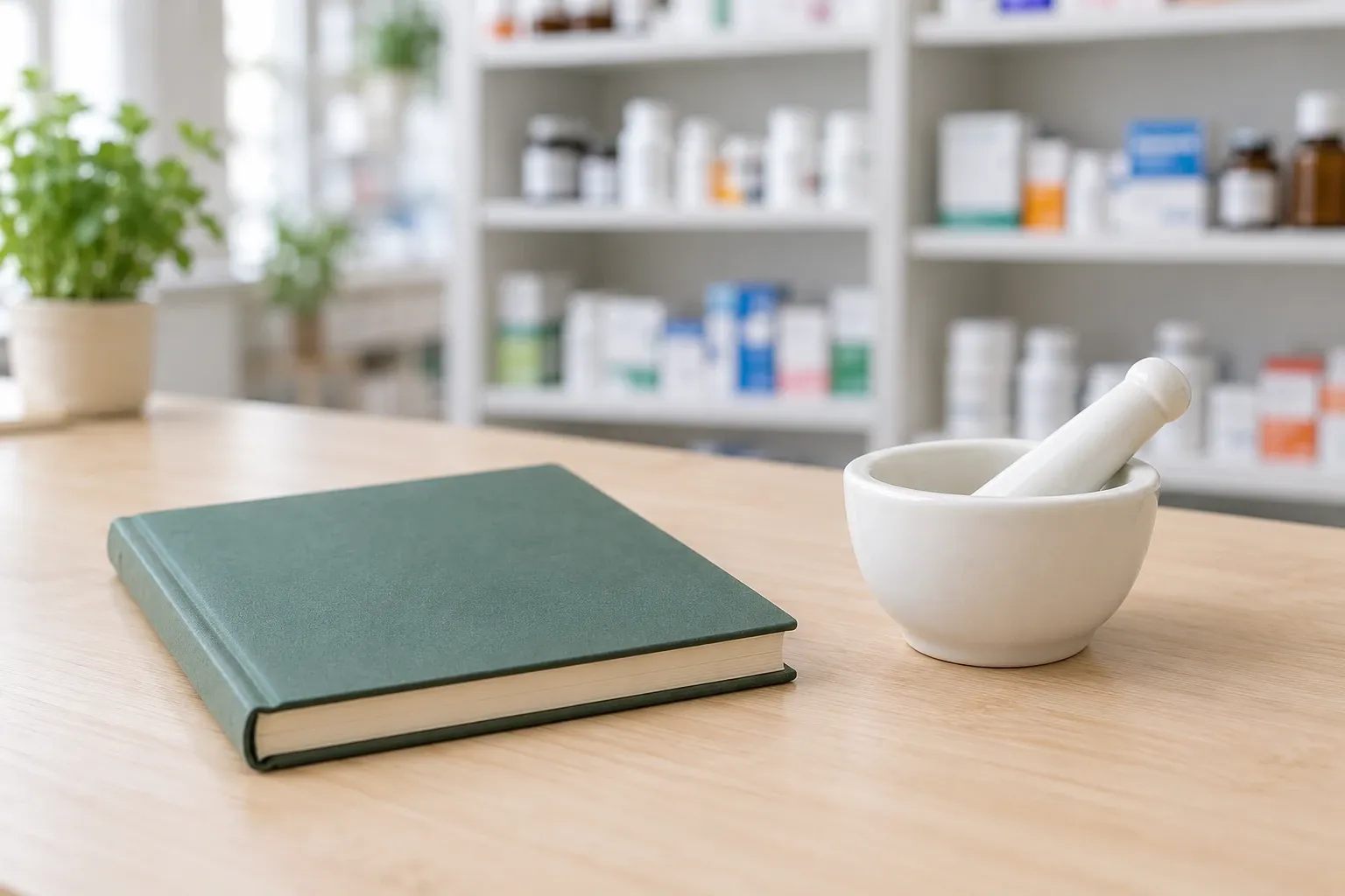 Groen notitieboek naast witte vijzel en stamper op apotheekbalie, medicijnrekken op achtergrond