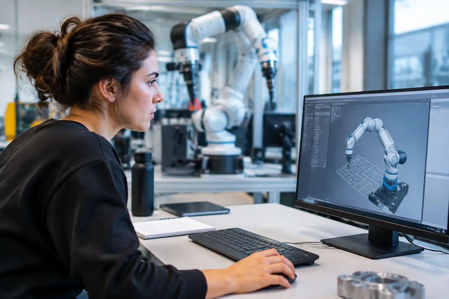 Vrouw werkt aan computerscherm met 3D-model van industriële robotarm, labomgeving