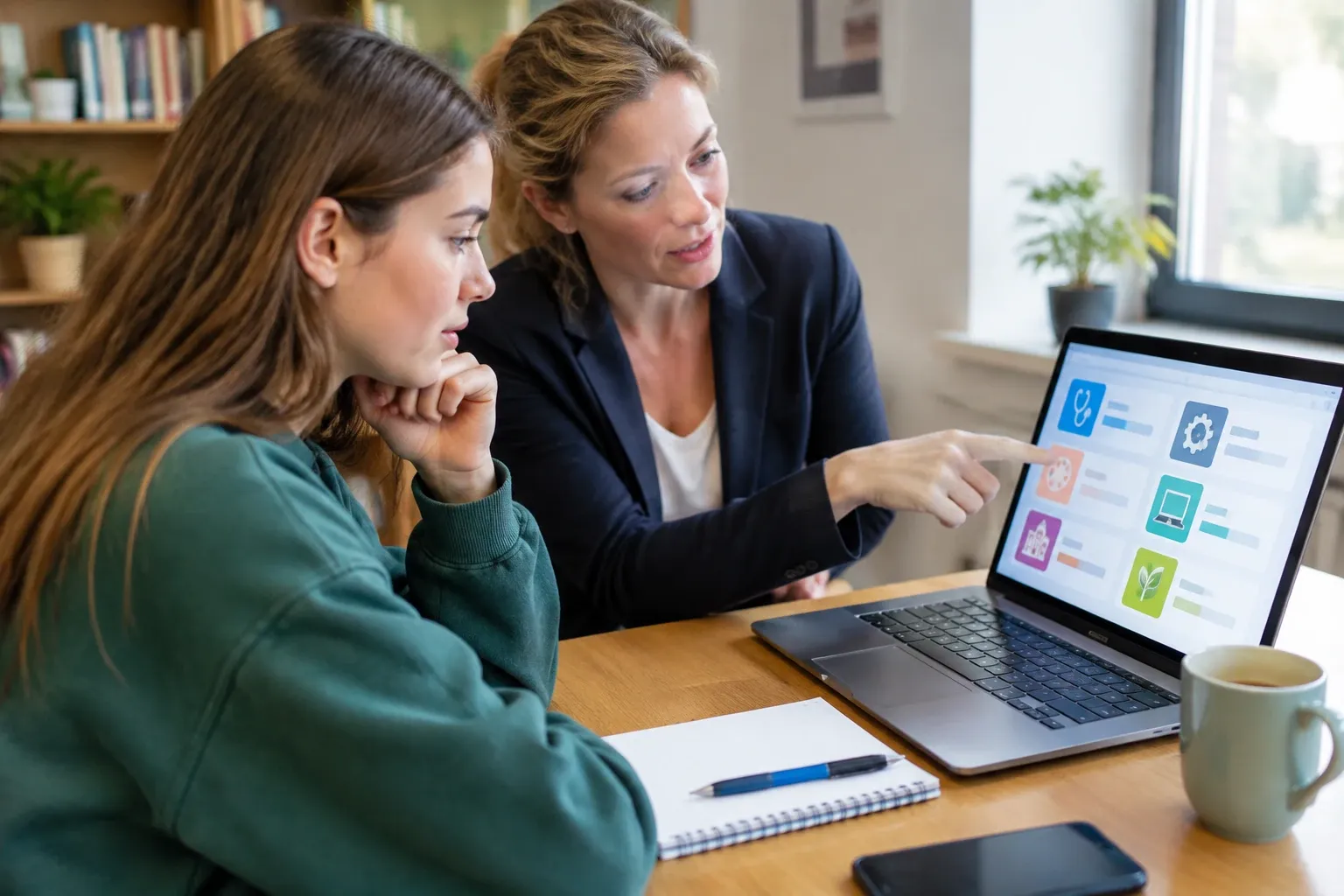 Vrouw wijst op laptop met toetsenblok en iconen terwijl jongere aandachtig luistert