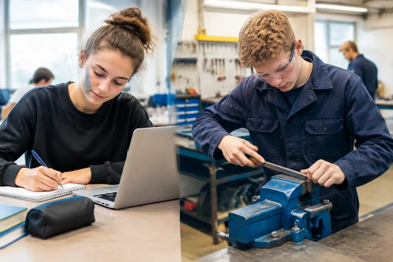 Links studente met laptop en schrift, rechts leerling met veiligheidsbril vijlt metaal in werkplaats