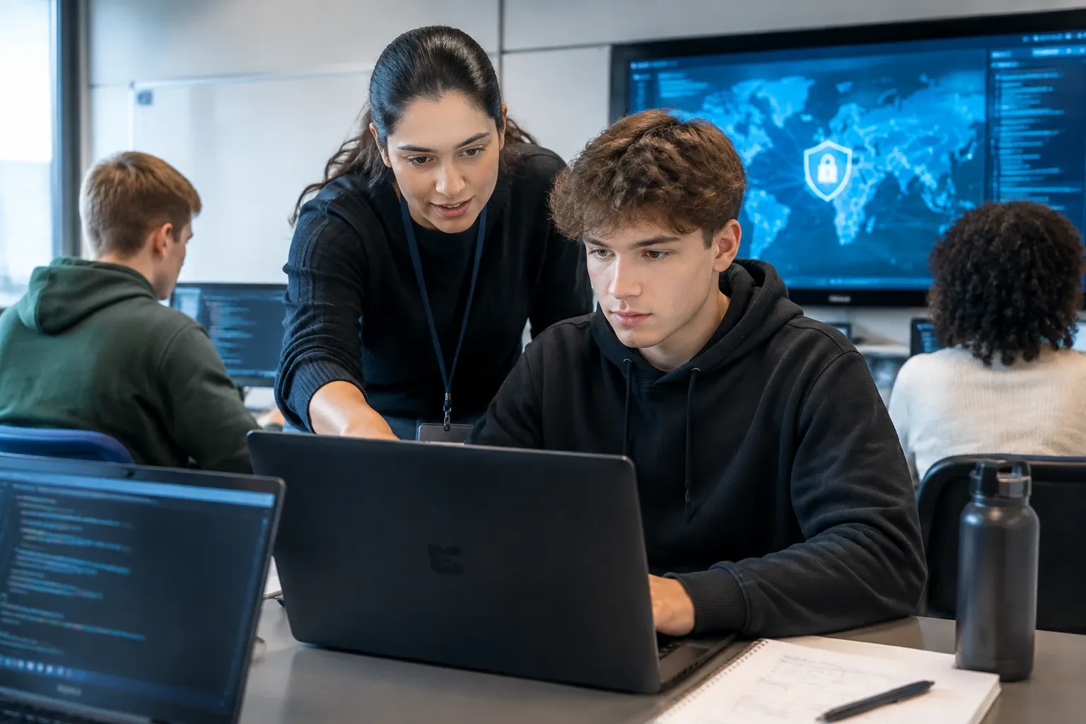 Docent wijst student aan laptop terwijl klas met monitoren en code werkt
