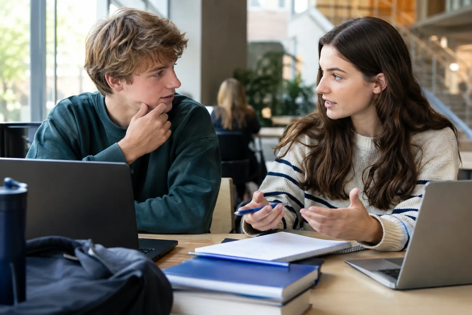 Twee studerende jongeren praten aan tafel met laptops, notities en studieboeken zichtbaar
