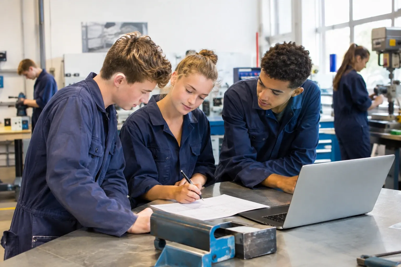 Drie studenten in werkoveralls bestuderen tekeningen bij laptop in praktijklokaal machinetechniek