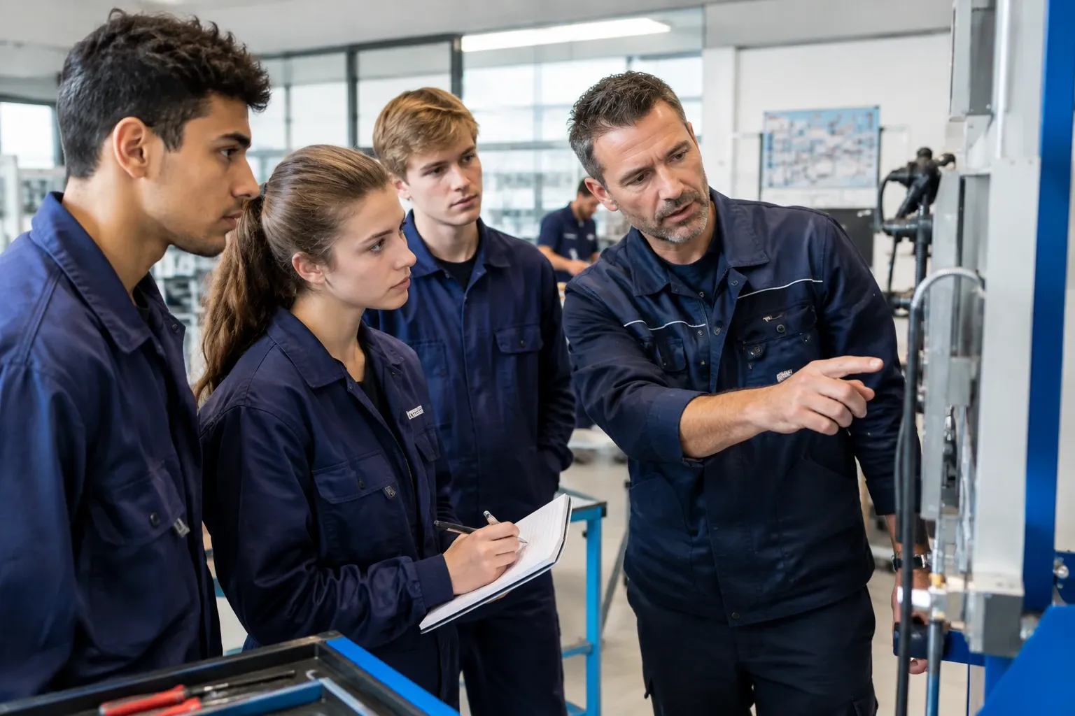Instructeur toont drie studenten technische installatie op werkbank, notities makend