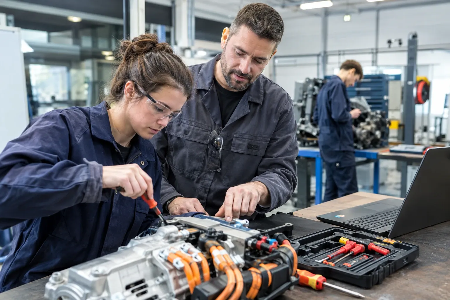 Docent begeleidt leerling bij elektrische aandrijflijn reparatie in goed verlichte werkplaats