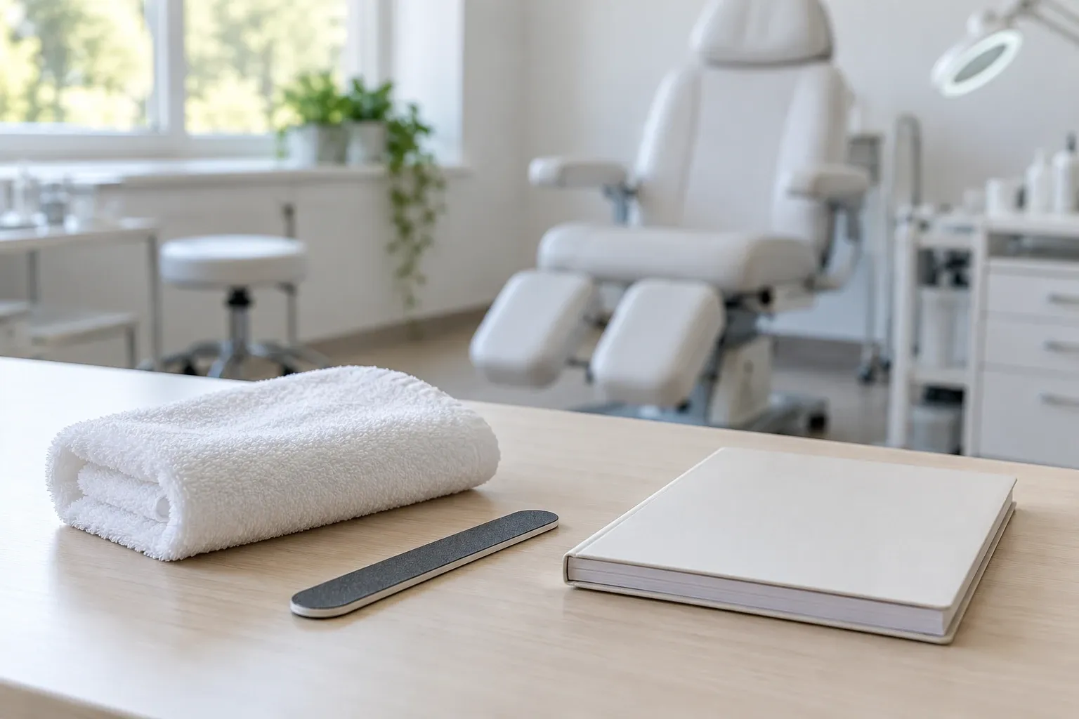 Witte handdoek, vijl en notitieboek op tafel voor pedicurebehandeling in behandelkamer