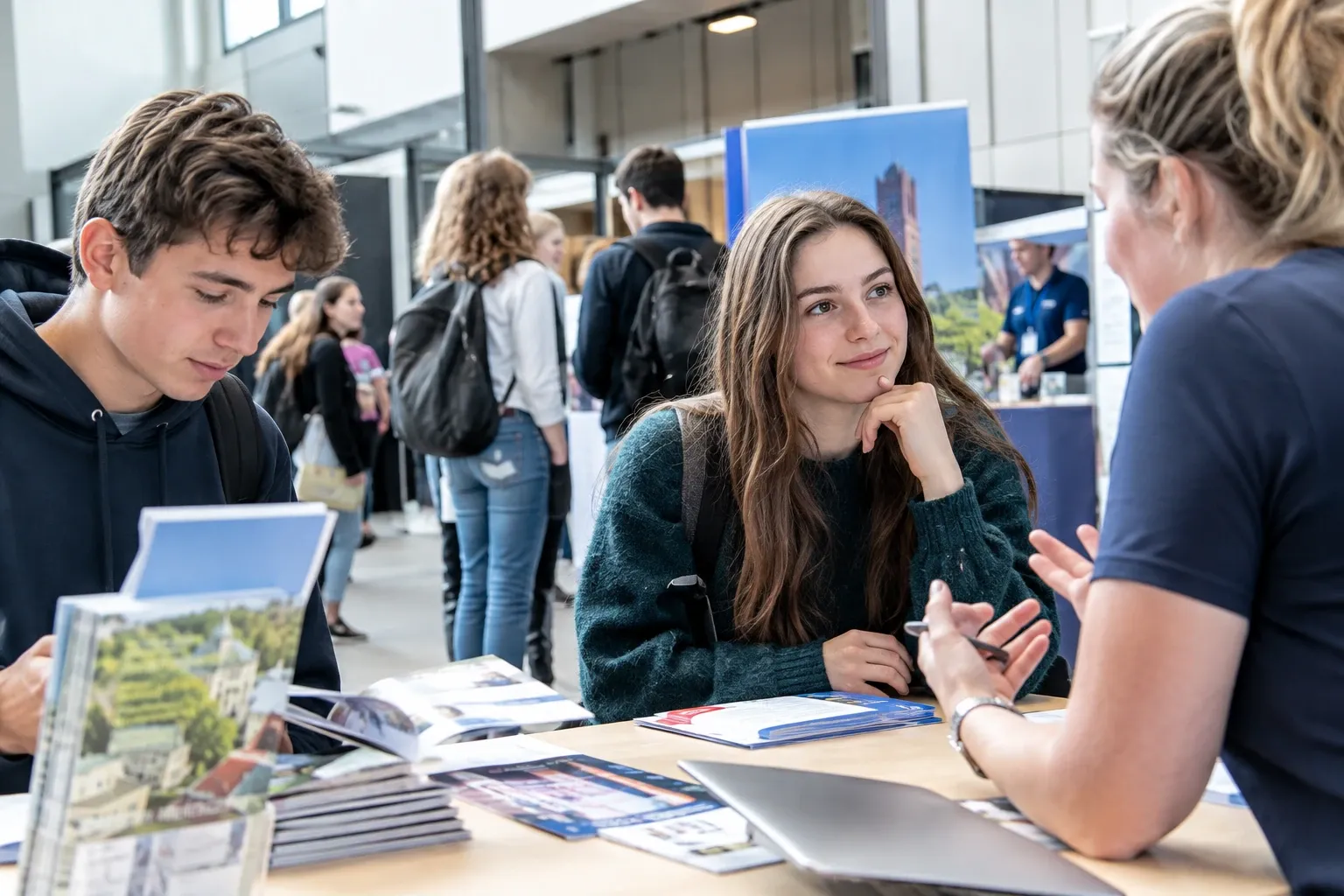 Tienermeisje luistert aandachtig aan informatiestand tijdens open dag op hogeschoolcampus