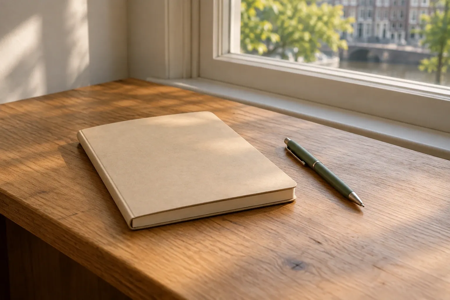 Notitieboek en pen op houten vensterbank bij zonlicht en grachtenzicht
