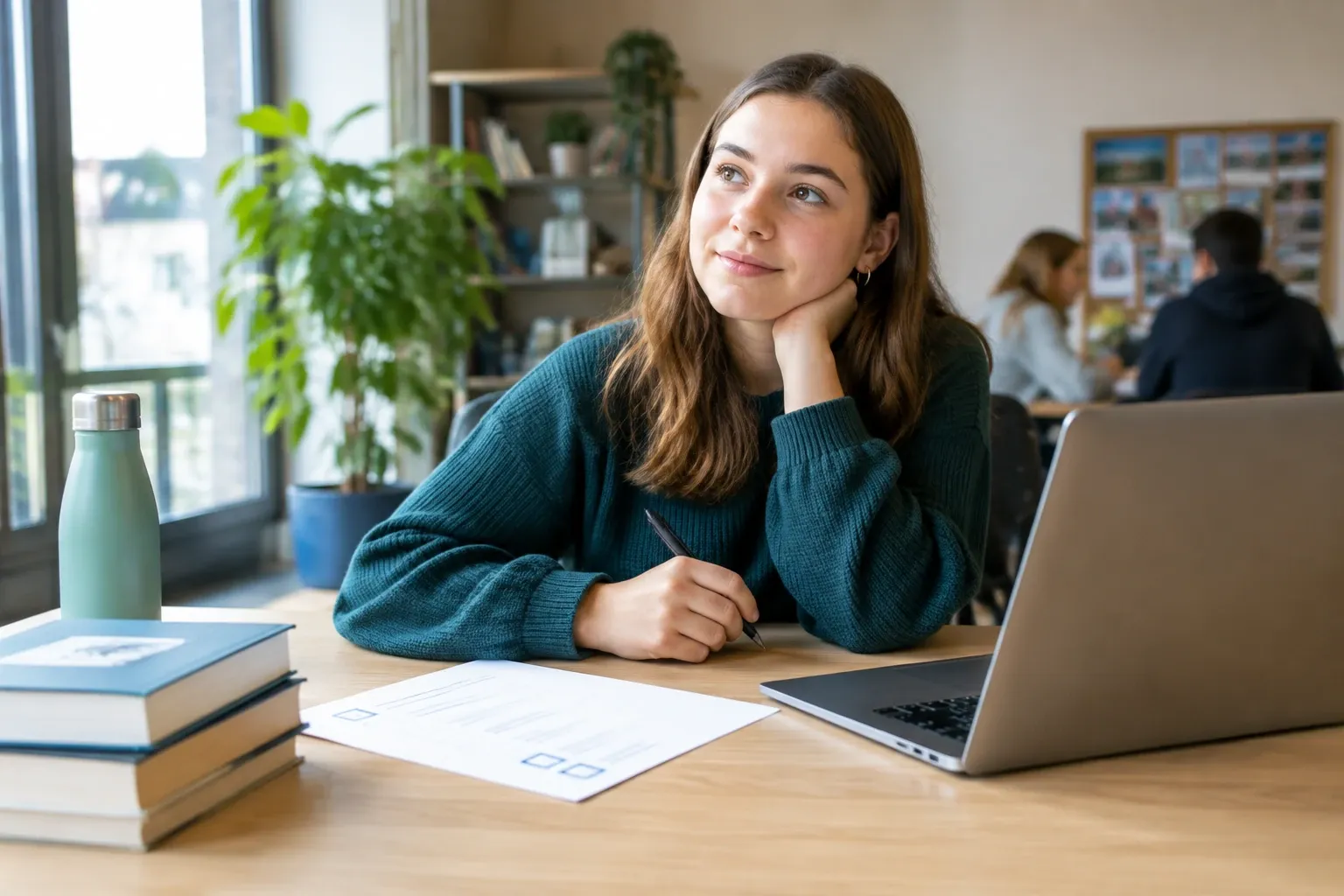 Student met pen kijkt dromerig naar raam tijdens invullen van formulier naast laptop