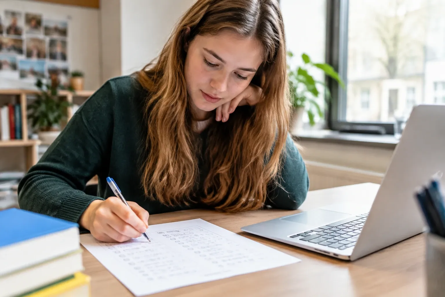 Student aan tafel maakt toets op papier naast open laptop, daglicht vanaf raam
