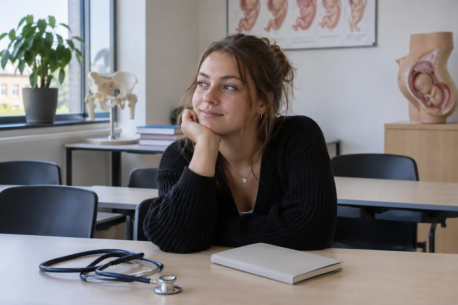 Vrouwelijke student peinzend in collegezaal met stethoscoop, boeken en foetale modellen zichtbaar