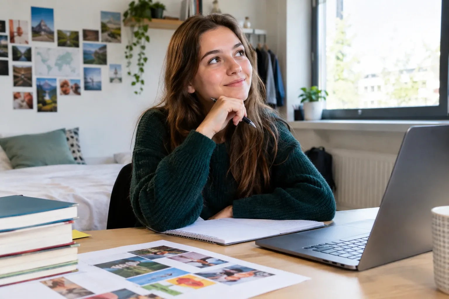 Tienermeisje achter bureau met laptop en notitieboekje dromend naar keuzes voor opleiding